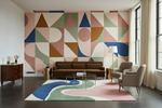 Modern living room with geometric rug,  wall art and furniture