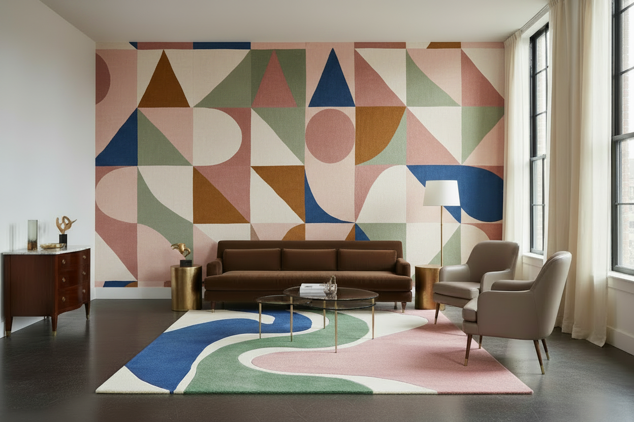 Modern living room with geometric rug,  wall art and furniture