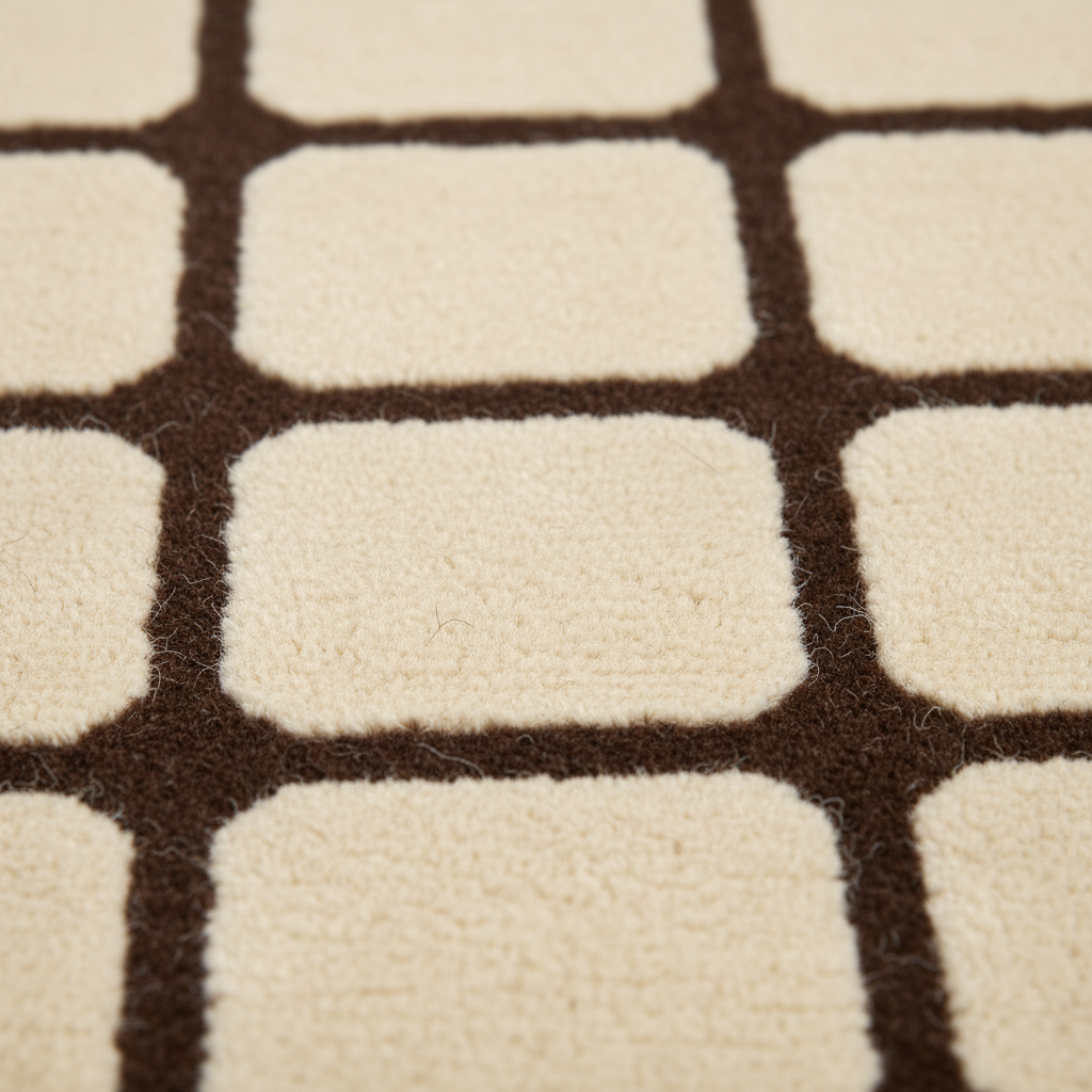 Close-up of a plush area rug with a geometric pattern of cream-colored rounded squares separated by dark brown grid lines.