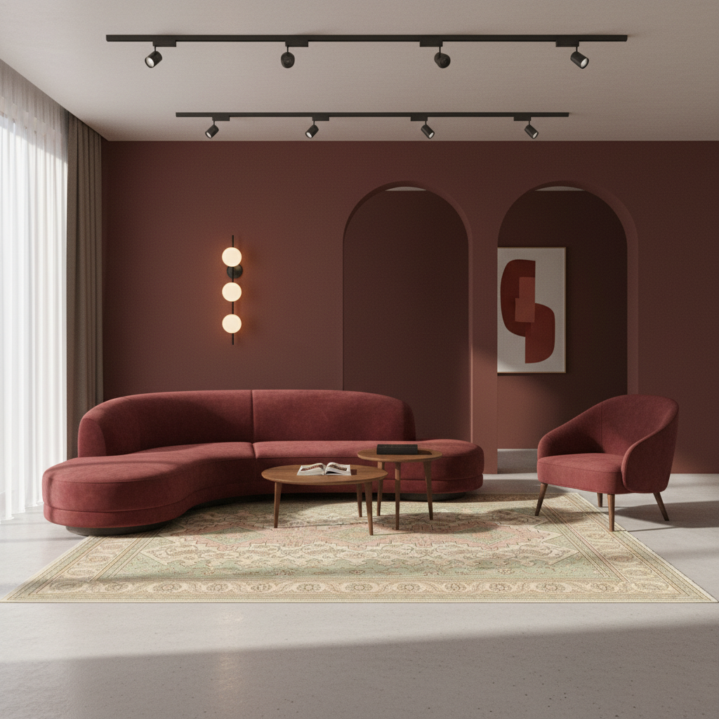 A modern living room scene featuring a curved upholstered sofa and a matching armchair in a muted terracotta red fabric, arranged on a patterned area rug with two small wooden coffee tables. The room has a terracotta-colored accent wall with arched recesses, a wall-mounted three-light sconce, and ceiling-mounted track lighting.