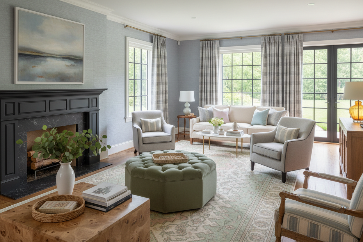 Living room with gray rug, sofa, armchairs, and ottoman in a well-lit room with large windows.