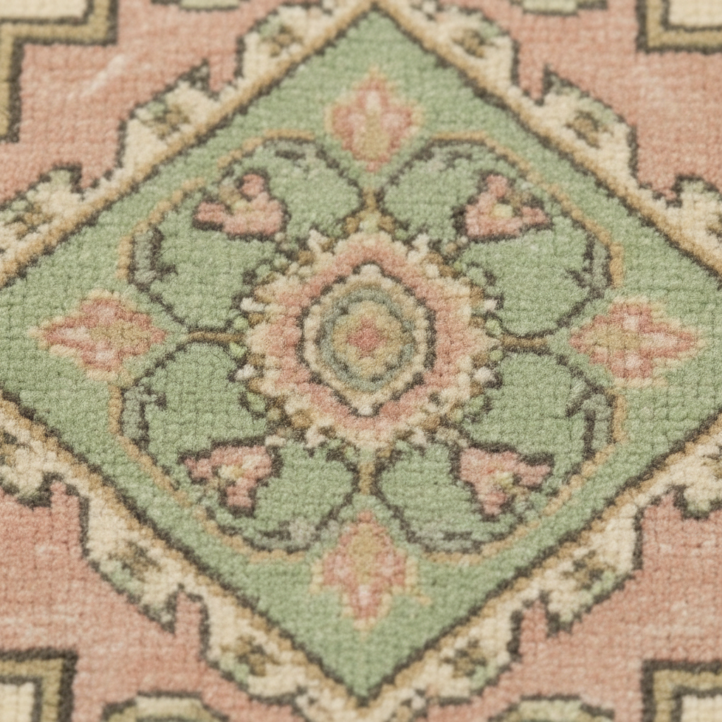 A close-up of a traditional patterned rug featuring a central diamond medallion in sage green, dusty pink, and cream with dark gray accents.