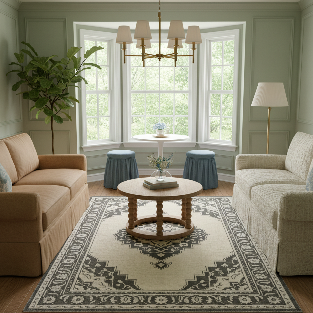 A styled living room interior with two upholstered sofas facing a round wooden coffee table on a large patterned area rug. A bay window with white trim and multiple shades of green foliage outside is centered behind the table, with a chandelier, floor lamp, plant, and two blue-gray stools in the room. No people or animals are present.