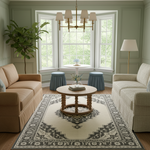 A styled living room interior with two upholstered sofas facing a round wooden coffee table on a large patterned area rug. A bay window with white trim and multiple shades of green foliage outside is centered behind the table, with a chandelier, floor lamp, plant, and two blue-gray stools in the room. No people or animals are present.