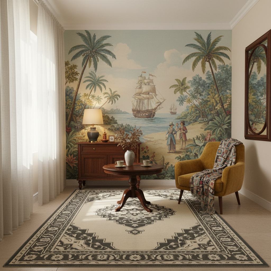 A styled interior room featuring a large wall mural with a vintage pirate ship scene, tropical palm trees, and figures on a beach. The room includes a mustard yellow armchair with a patterned throw, a round wooden coffee table, a dark wood sideboard with a lamp, and a large patterned area rug.