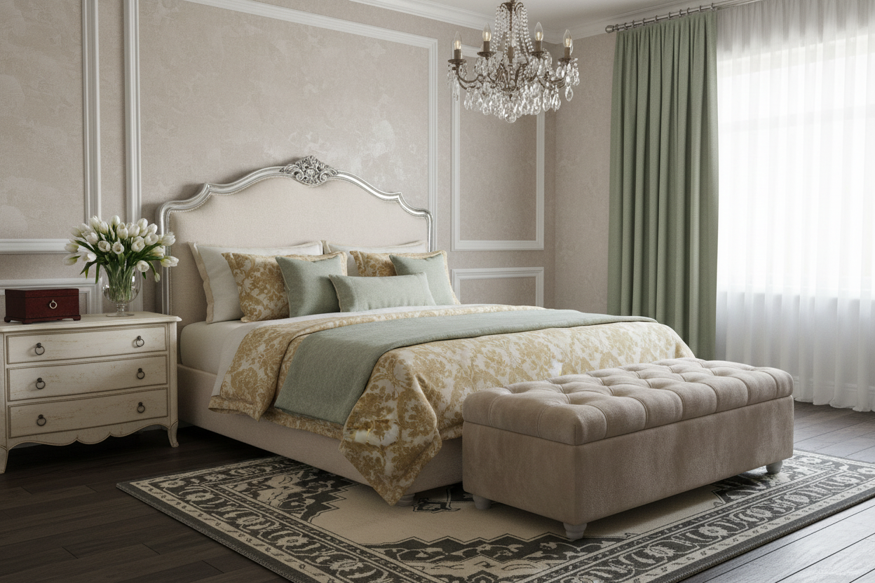 Luxurious bedroom with a bed, persian rug, ottoman, and chandelier.