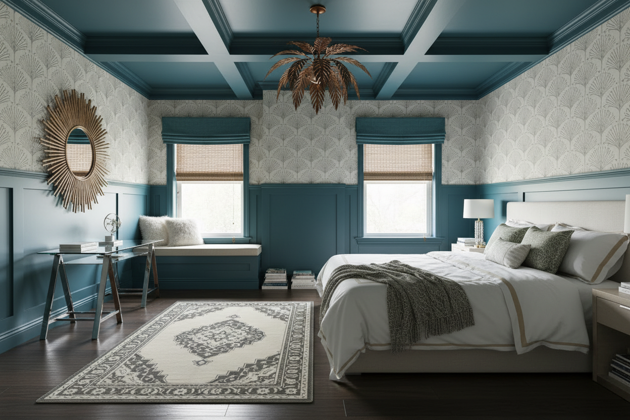 Modern bedroom with blue walls, white bed, and decorative rug.