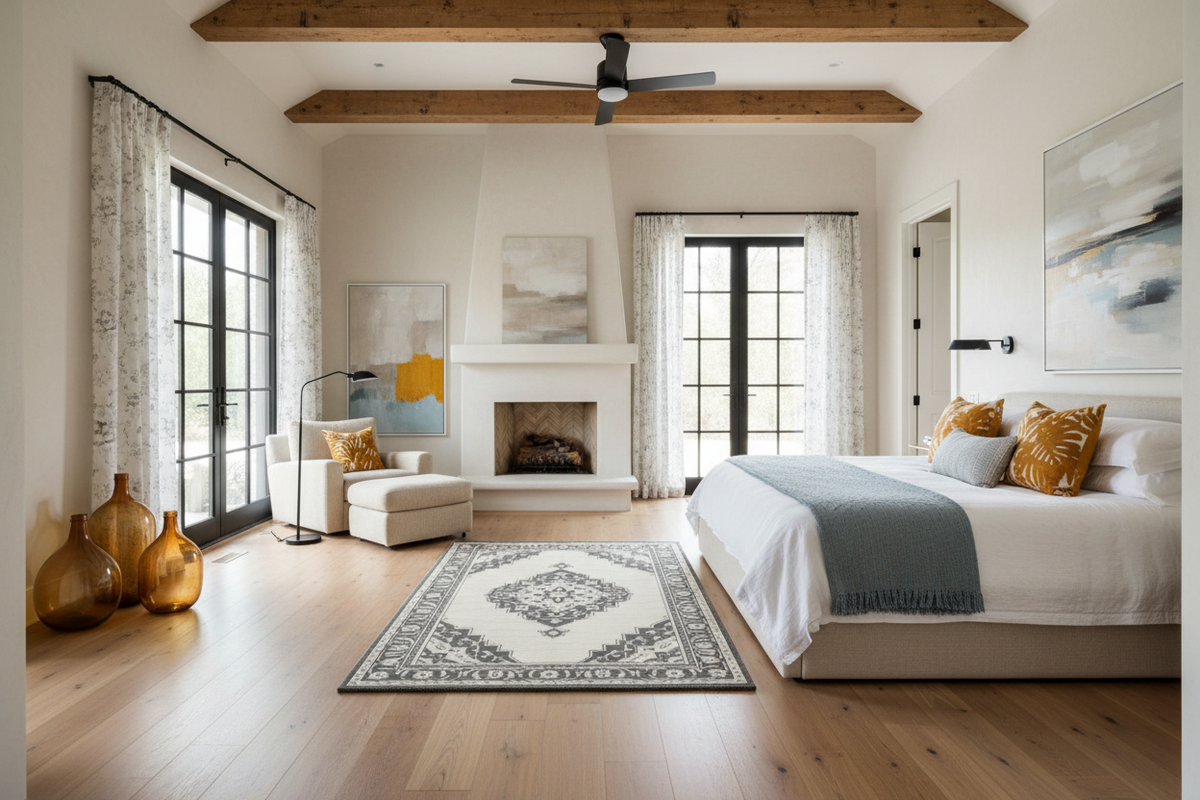 Modern bedroom with persian rug, wooden ceiling beams, large windows, and a fireplace.