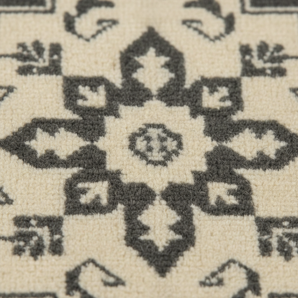 Close-up of a textured area rug featuring a cream-colored base with a dark charcoal gray geometric medallion pattern.