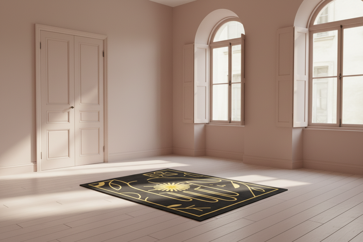 A rectangular black area rug with a gold Art Deco sunburst and scroll pattern, displayed on a light wood floor in a minimalist, sunlit room with beige walls and arched windows.