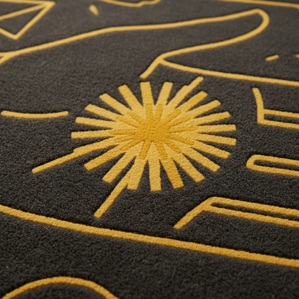 Close-up of a dark charcoal gray textured rug with a mustard yellow abstract sunburst and line pattern.