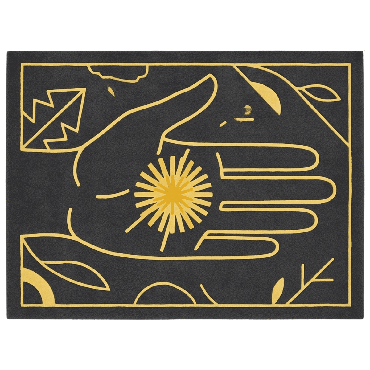 A rectangular black rug with a minimalist gold line-art design featuring a hand holding a sunburst, leaves, and abstract shapes, shown flat against a white background.