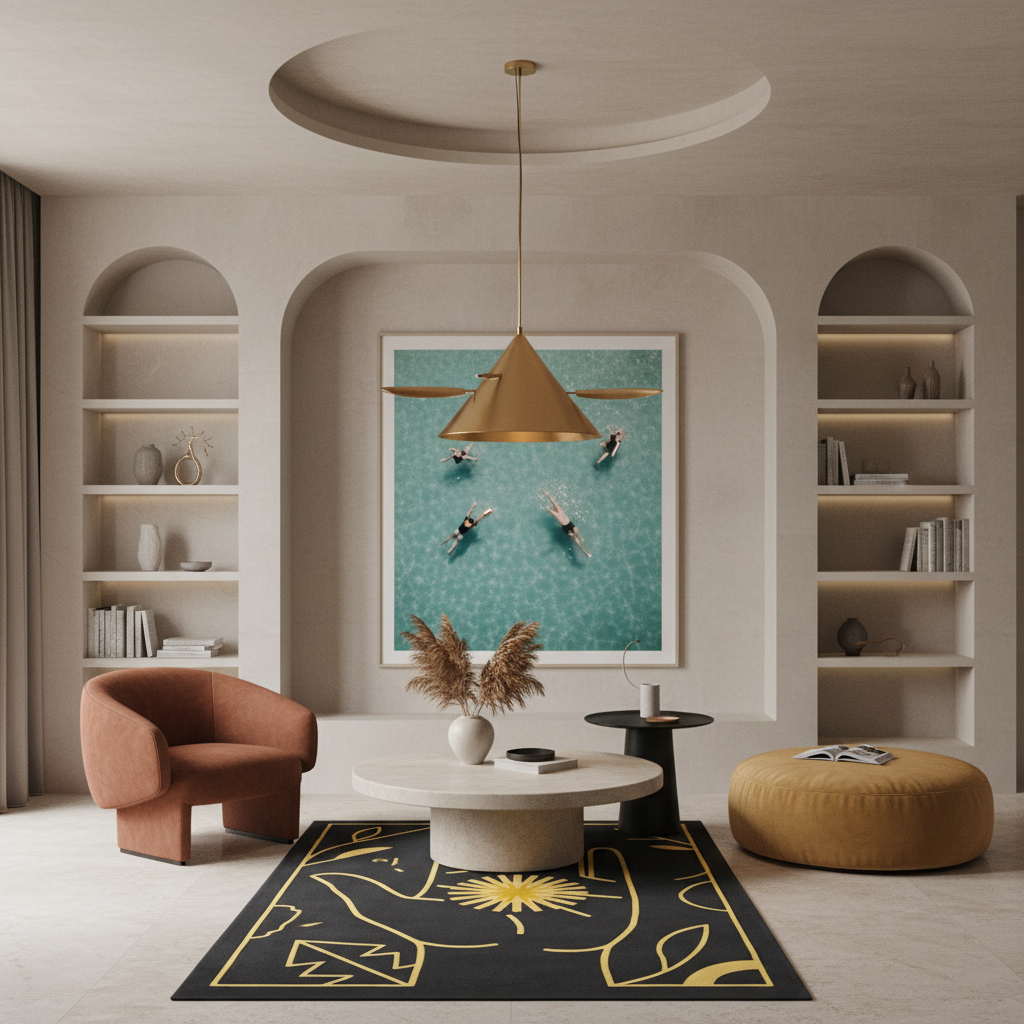 A modern living room interior with a large framed turquoise artwork hanging on the back wall above a round coffee table. The room has beige walls and built-in shelving, a gold pendant light, a rust-orange armchair, a mustard round ottoman, and a black rug with yellow abstract patterns.