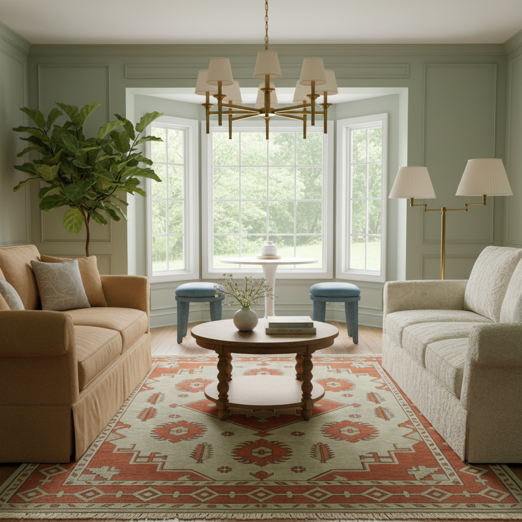 A beautifully styled living room featuring a tan slipcovered sofa on the left, a textured cream bouclé sofa on the right, a round wooden coffee table, a large red and beige patterned area rug, and a tall potted fiddle-leaf fig plant near the bay window.