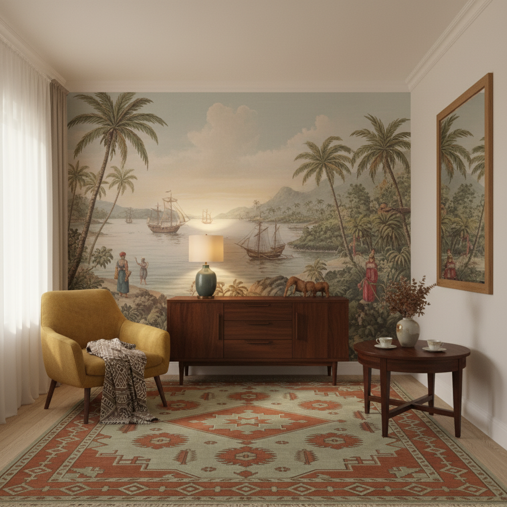 A styled interior room featuring a large vintage-style tropical mural wallpaper on the back wall, depicting palm trees, ships on the water, and figures by the shore. The room includes a mustard yellow armchair, a mid-century modern wooden sideboard with a lamp, a small round wooden table, a patterned area rug, and a matching framed wall mirror.