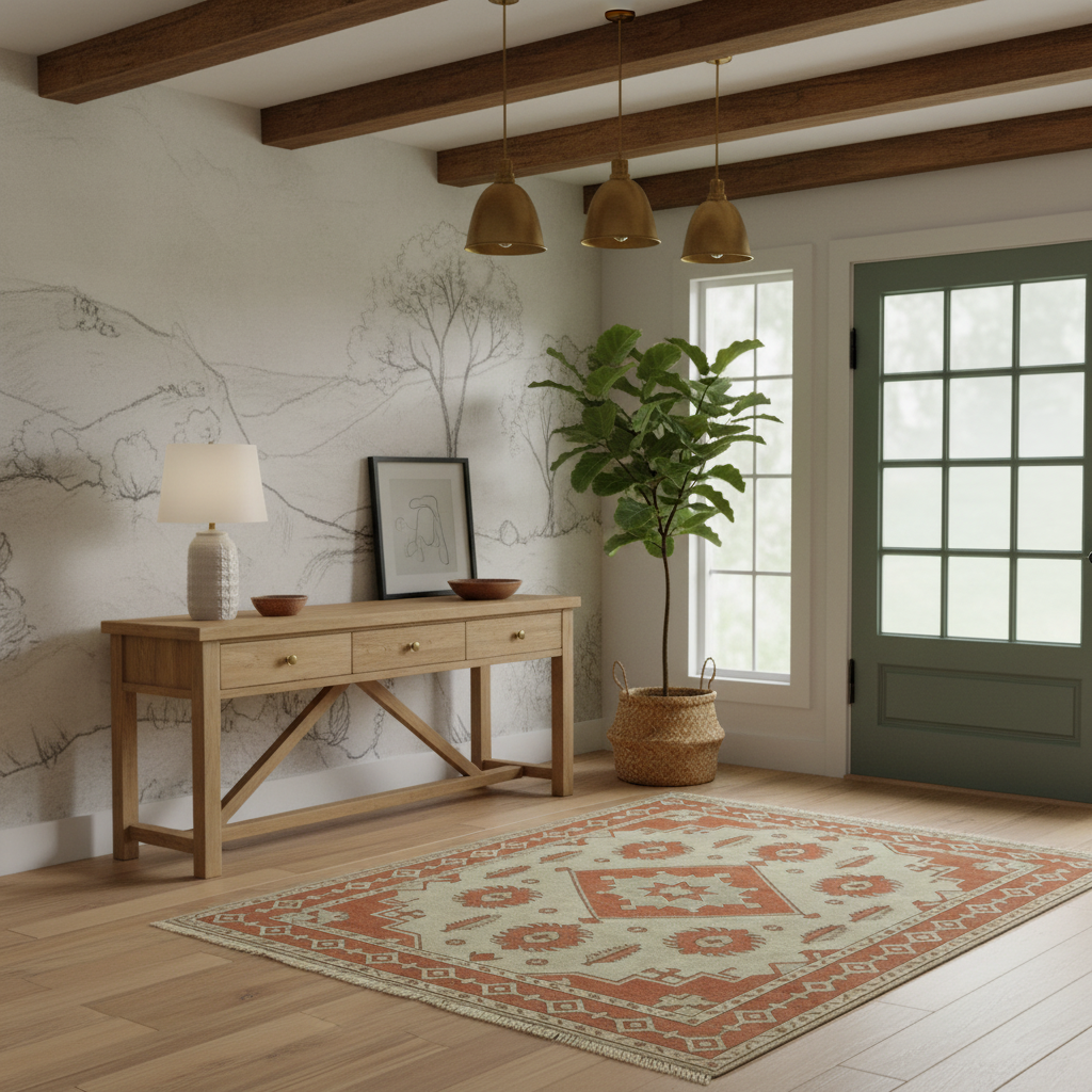 A styled interior room scene showing a light wood console table with a lamp and framed art, a potted plant, a patterned area rug, exposed wood ceiling beams, and a green door. No person or animal is present, but this is not a clean isolated product shot; it is a real environment, so subject_type is Lifestyle.