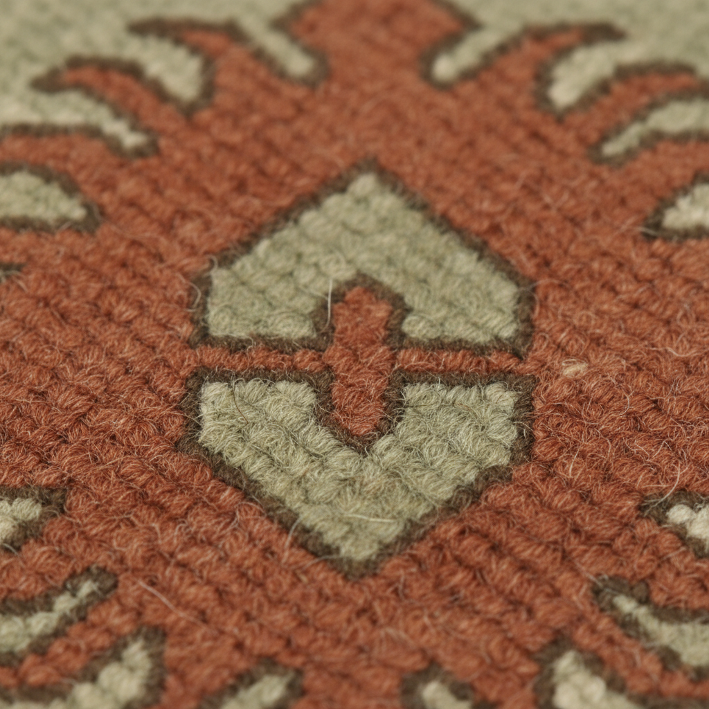 Close-up of a textured woven rug with a rust orange field and a central diamond motif in light beige outlined with dark brown stitching.
