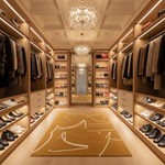 A luxury walk-in closet with wooden shelving, crystal chandeliers, rows of shoes, hanging garments, and a mustard yellow area rug with white abstract lines.