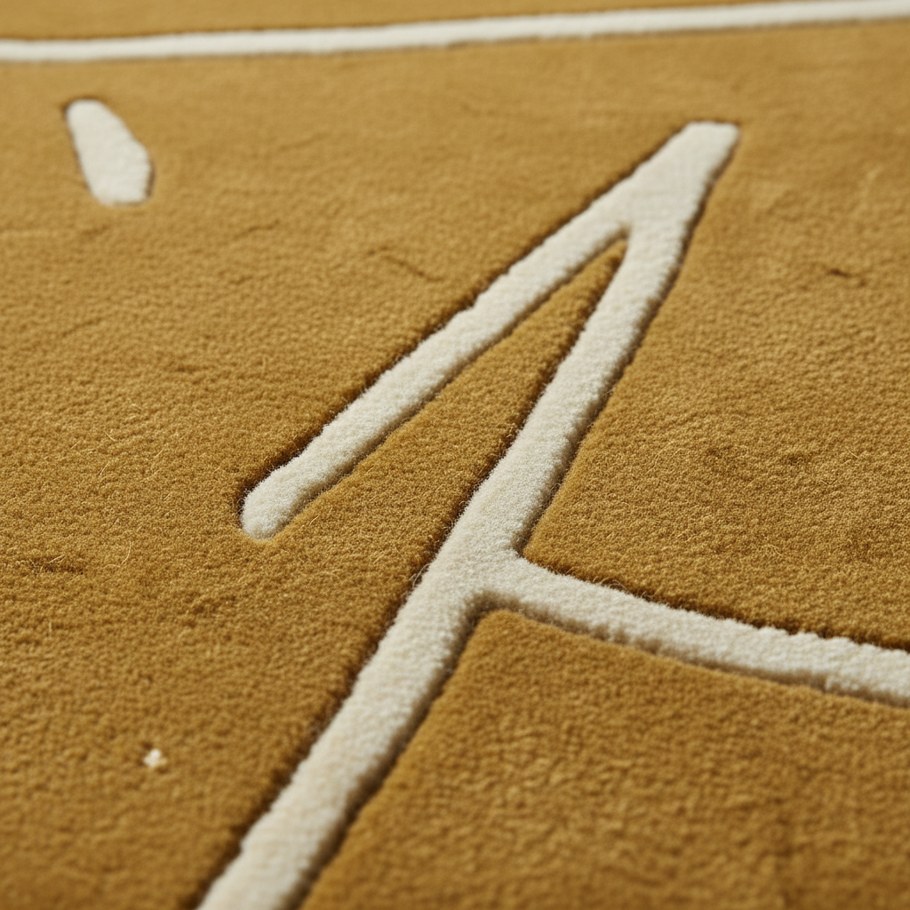 Close-up detail of a plush area rug in warm camel brown with a raised off-white abstract letterform.