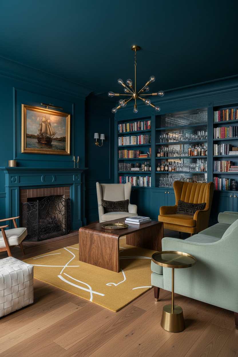 Luxurious living room with dark blue walls, bookshelves, yellow minimalistic rug, and a fireplace.