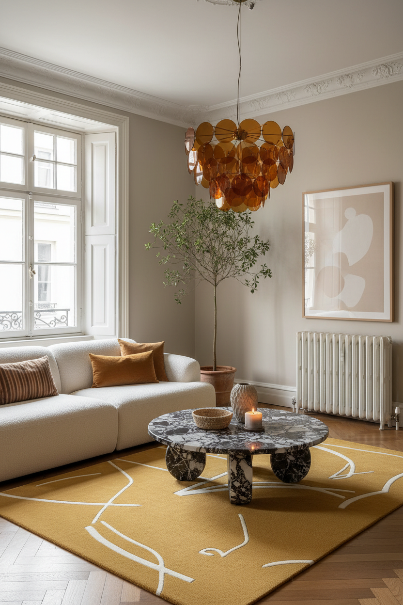 Modern living room with a marble coffee table, white sofa, and decorative rug.