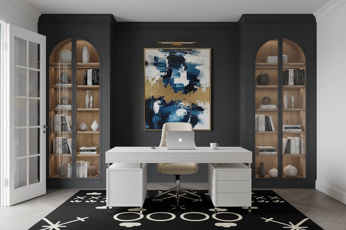 Modern office with a desk, chair, and abstract rug, art on a black wall.