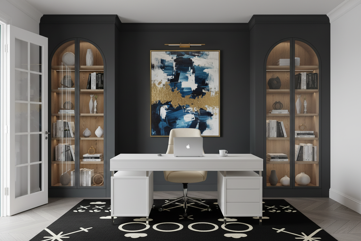 Modern office with a desk, chair, and abstract rug, art on a black wall.