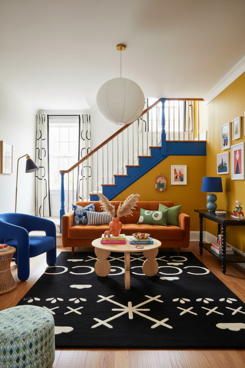 Modern living room with a staircase, colorful decor, and a black rug.