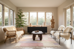Modern living room with natural light, shaggy rug, furniture, and decor.