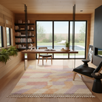 Modern home office with a large window, desk, and colorful rug.