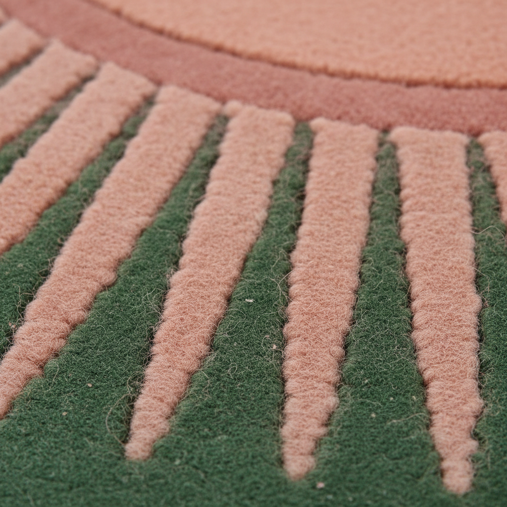 Close-up of a textured rug with vertical peach-pink stripes on a dark green background, with a peach-pink curved border at the top.
