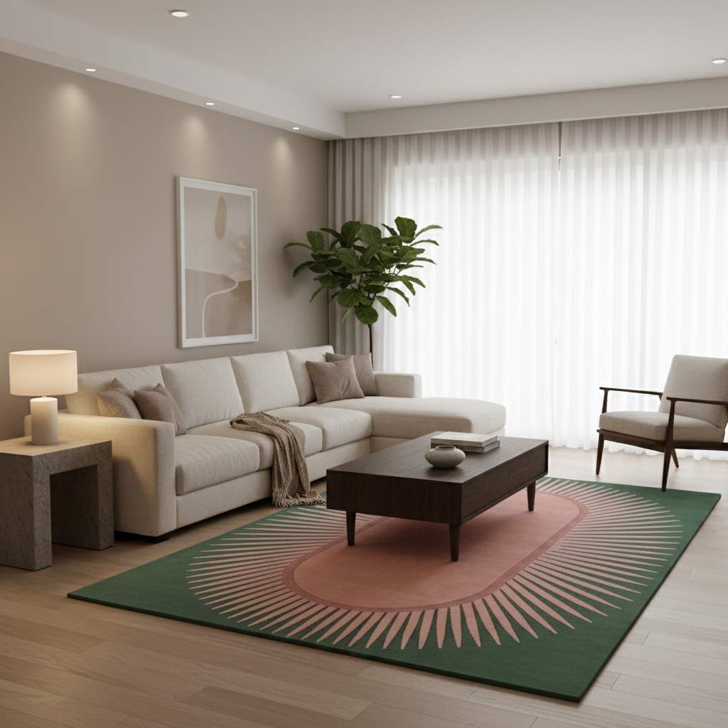 A modern living room featuring a large green and pink sunburst-patterned area rug under a dark wood coffee table, paired with a cream sectional sofa and a minimalist armchair.