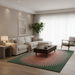 A modern living room featuring a large green and pink sunburst-patterned area rug under a dark wood coffee table, paired with a cream sectional sofa and a minimalist armchair.