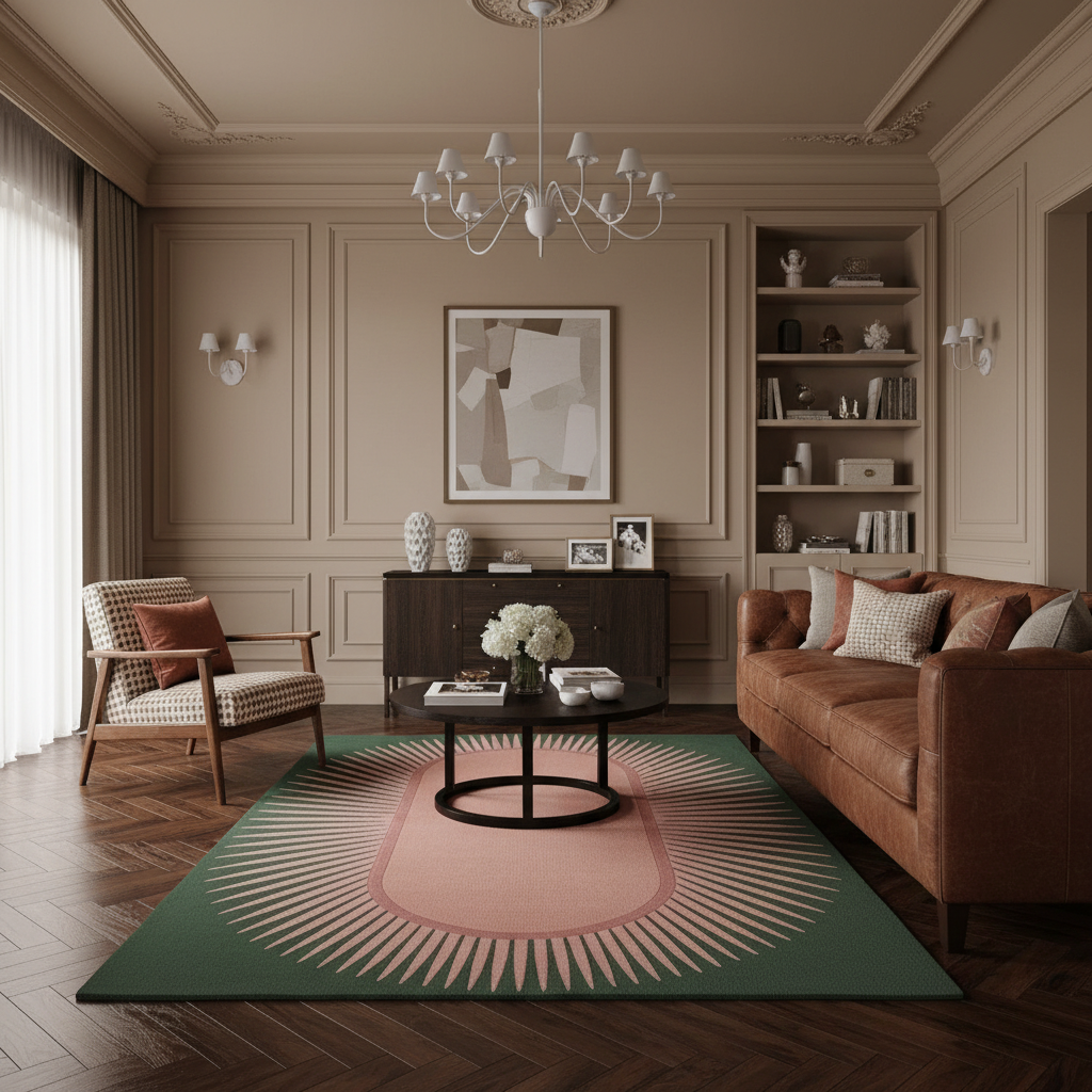 A styled living room interior with a large area rug as the focal product. The rug has a dark green border with a sunburst pattern surrounding a dusty pink center, placed under a black coffee table.
