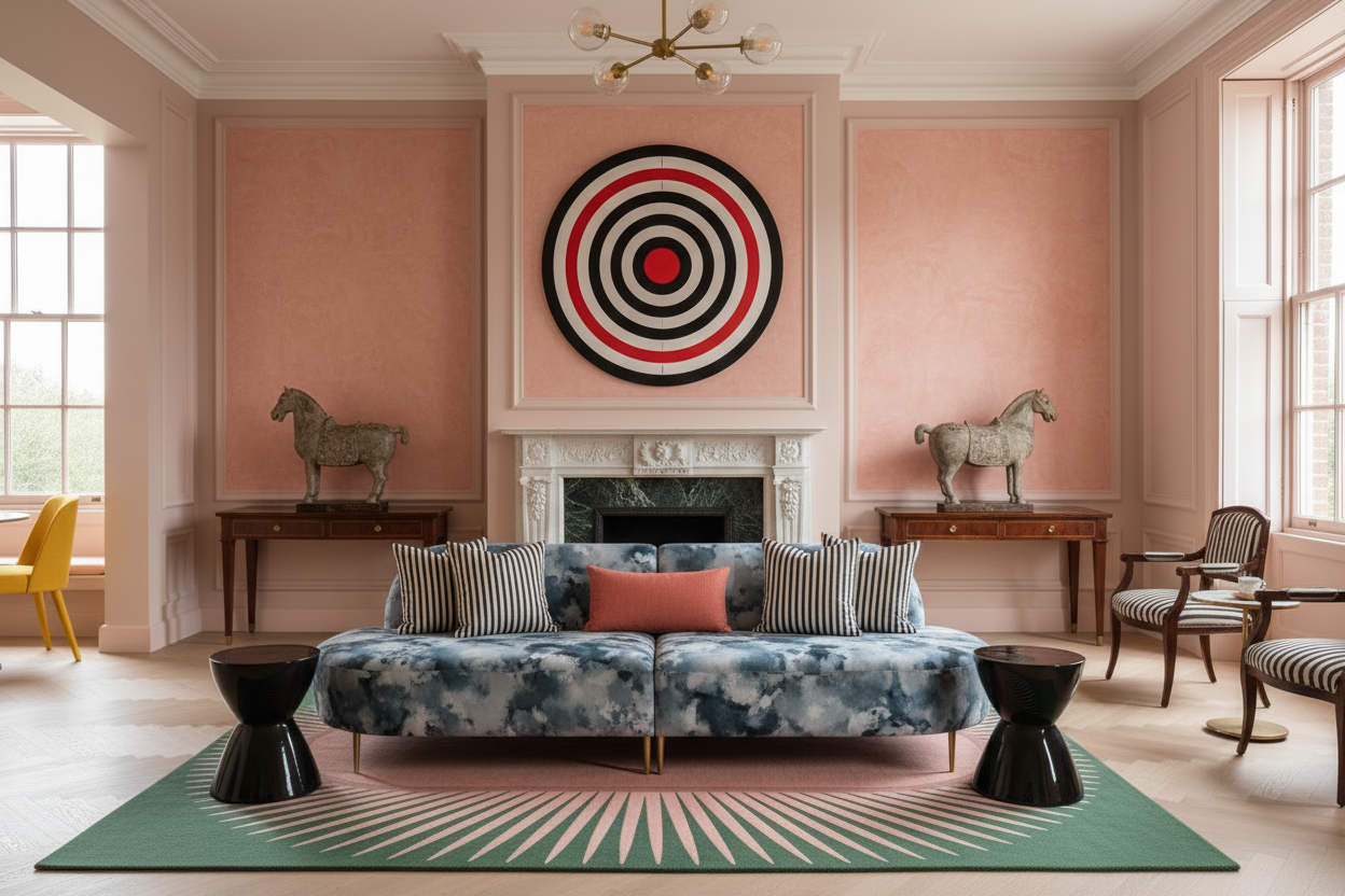 Living room with pink walls, a floral sofa, and decorative rug.