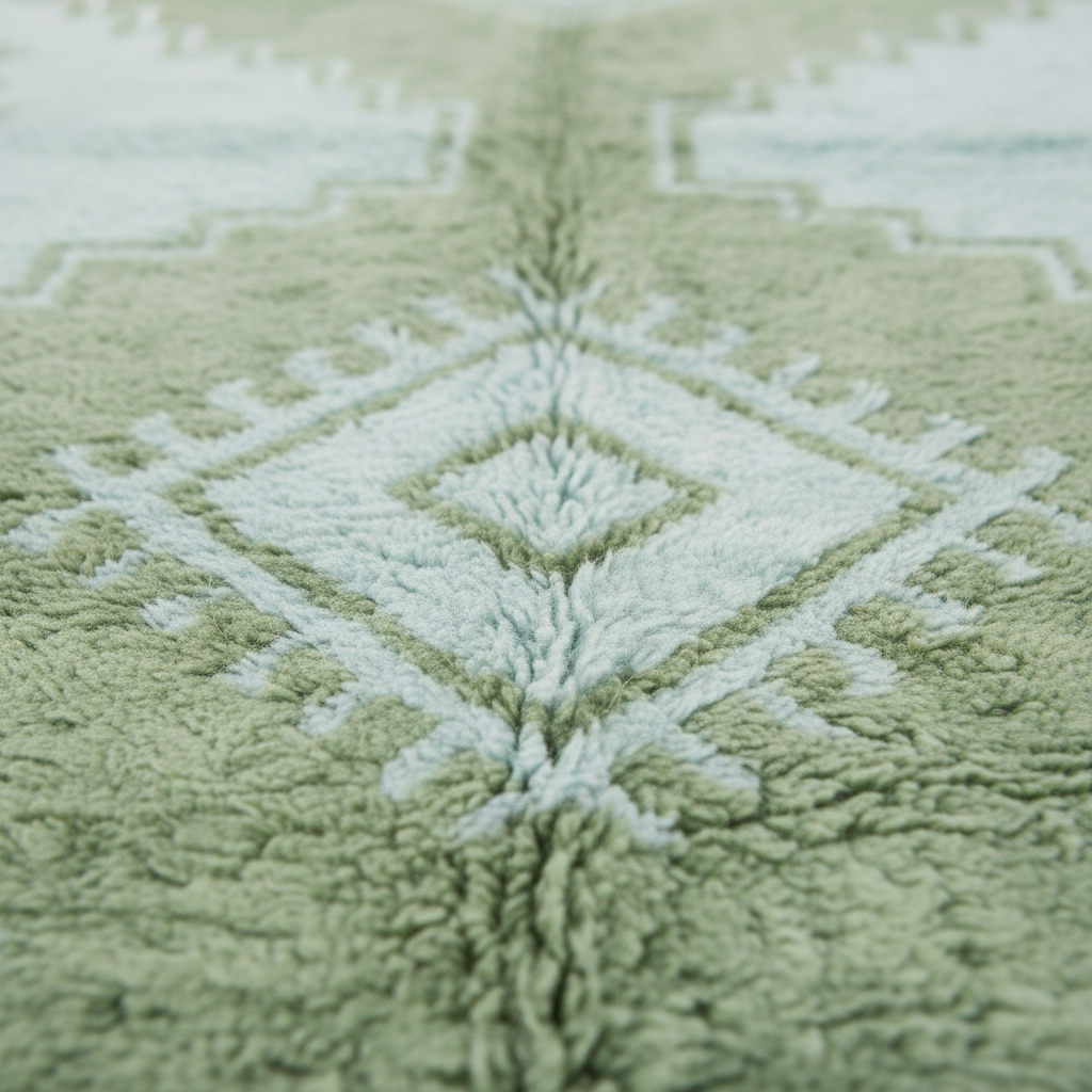 Close-up of a plush rug with a geometric diamond pattern in sage green and off-white, showing the soft texture of the pile.