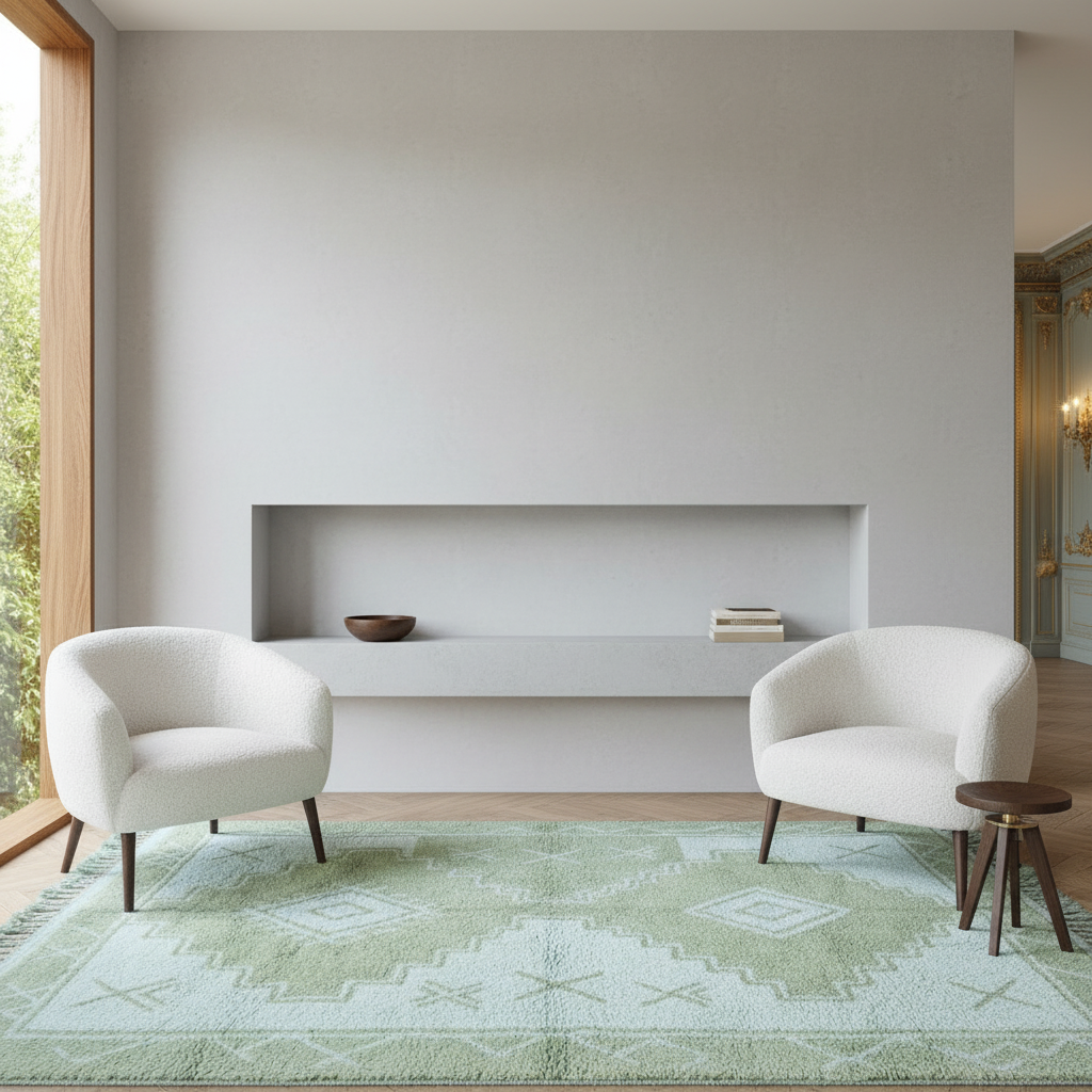 A modern living room scene with two white upholstered armchairs facing a recessed shelf on a light gray wall, set on a pale green patterned rug. A large window with wood trim is visible on the left, and a small round side table sits near the right chair.