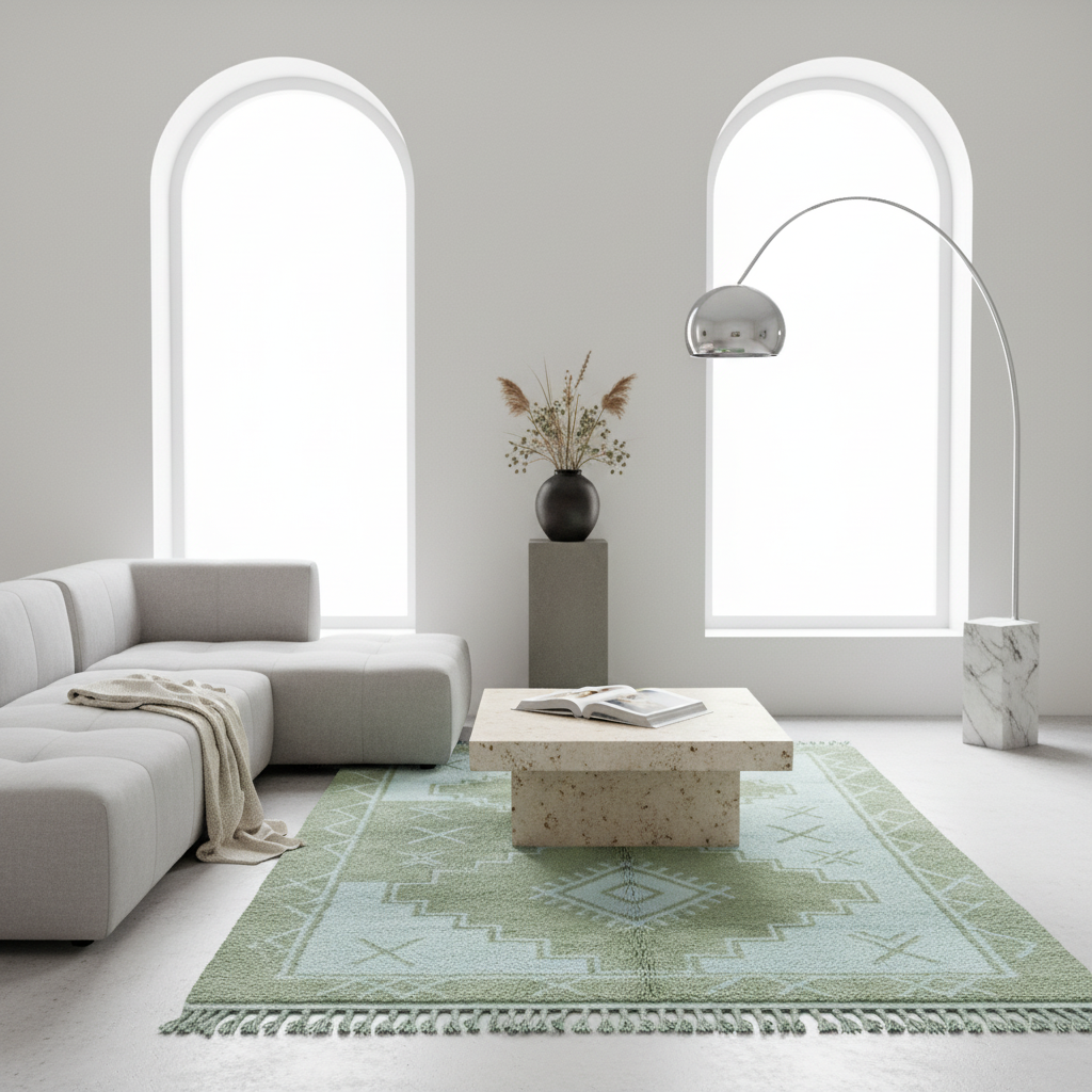 A modern living room scene featuring a light green and white patterned fringed area rug under a beige stone coffee table, next to a light gray sectional sofa and a tall silver floor lamp.
