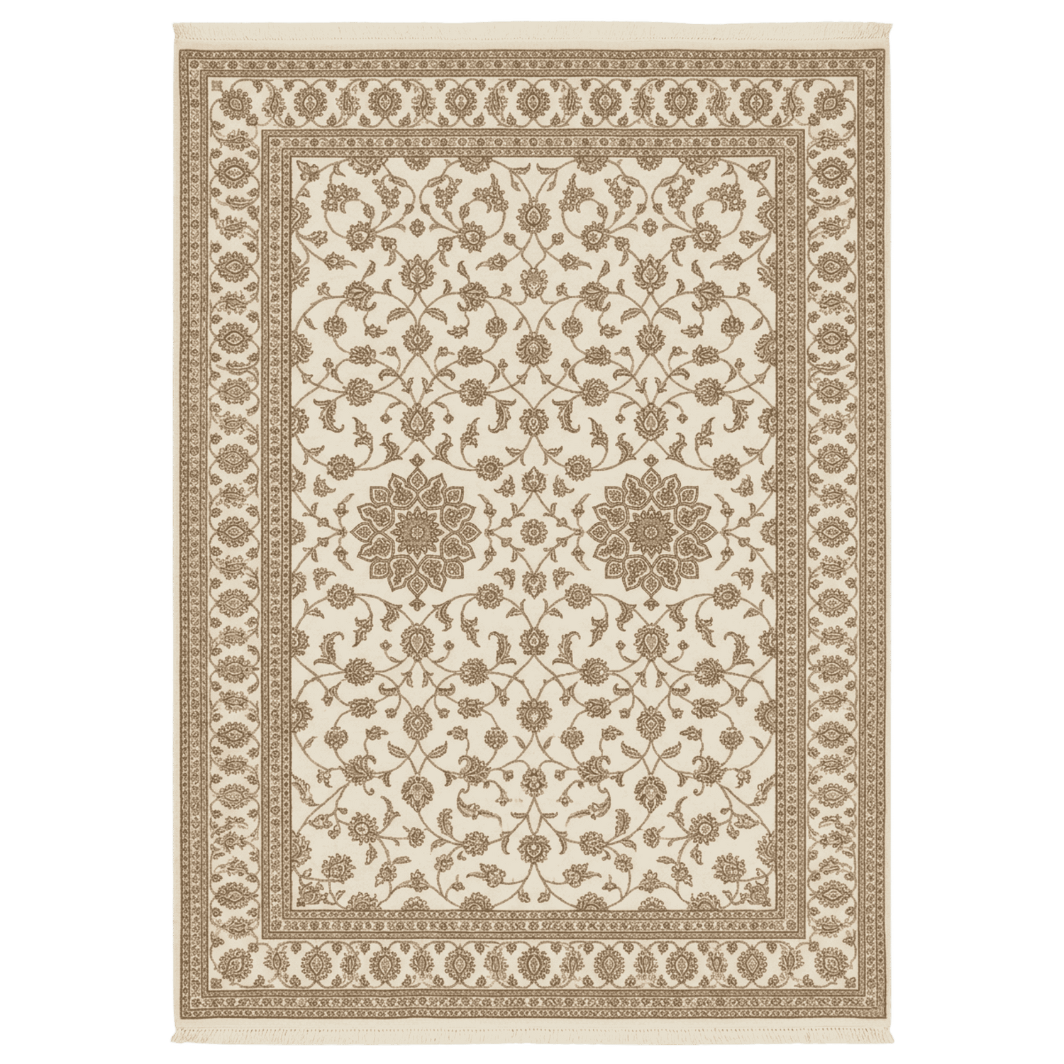 Decorative rug with intricate patterns on a plain background