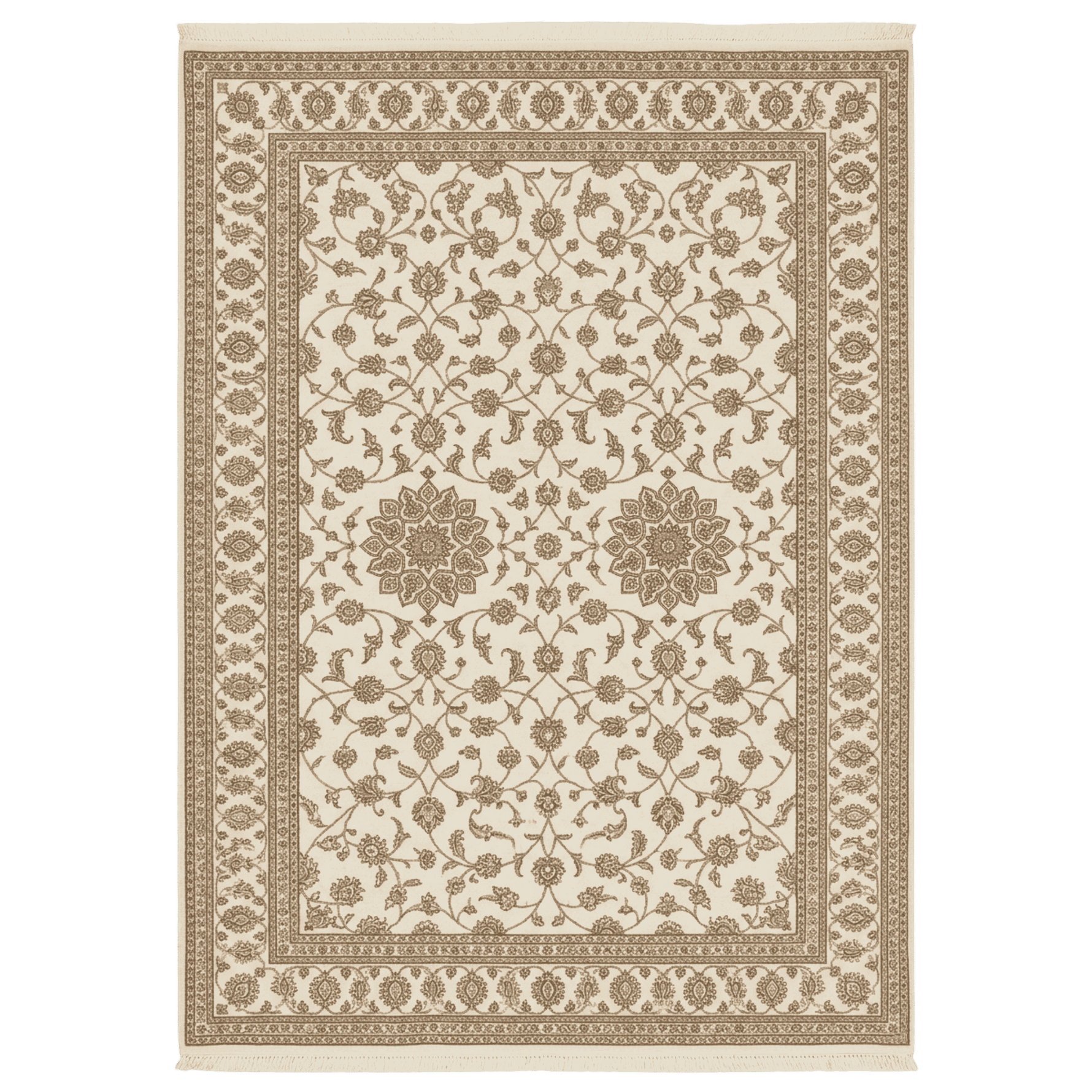 Decorative rug with intricate patterns on a plain background