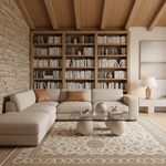 A modern living room featuring a large beige sectional sofa with two brown accent pillows, positioned in front of a low glass-top coffee table on a patterned beige rug. Behind the sofa is a massive wall of wooden bookshelves filled with books. The room has a rustic stone wall on the left, a light wood ceiling with exposed beams, and a small side table with a lamp on the right.