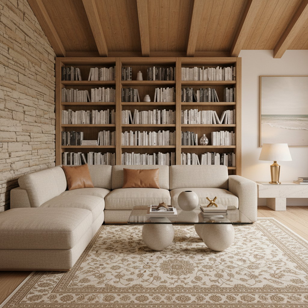 A modern living room featuring a large beige sectional sofa with two brown accent pillows, positioned in front of a low glass-top coffee table on a patterned beige rug. Behind the sofa is a massive wall of wooden bookshelves filled with books. The room has a rustic stone wall on the left, a light wood ceiling with exposed beams, and a small side table with a lamp on the right.