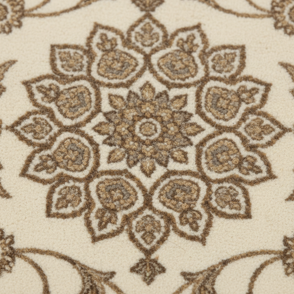 A close-up of a textured area rug featuring a detailed, symmetrical floral medallion pattern in warm brown and taupe on an off-white background.