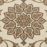 A close-up of a textured area rug featuring a detailed, symmetrical floral medallion pattern in warm brown and taupe on an off-white background.