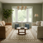A beautifully styled living room featuring a large beige and brown patterned area rug, a round wooden coffee table, a tan slipcovered sofa on the left, and a cream bouclé sofa on the right, set against sage green paneled walls and a bay window.