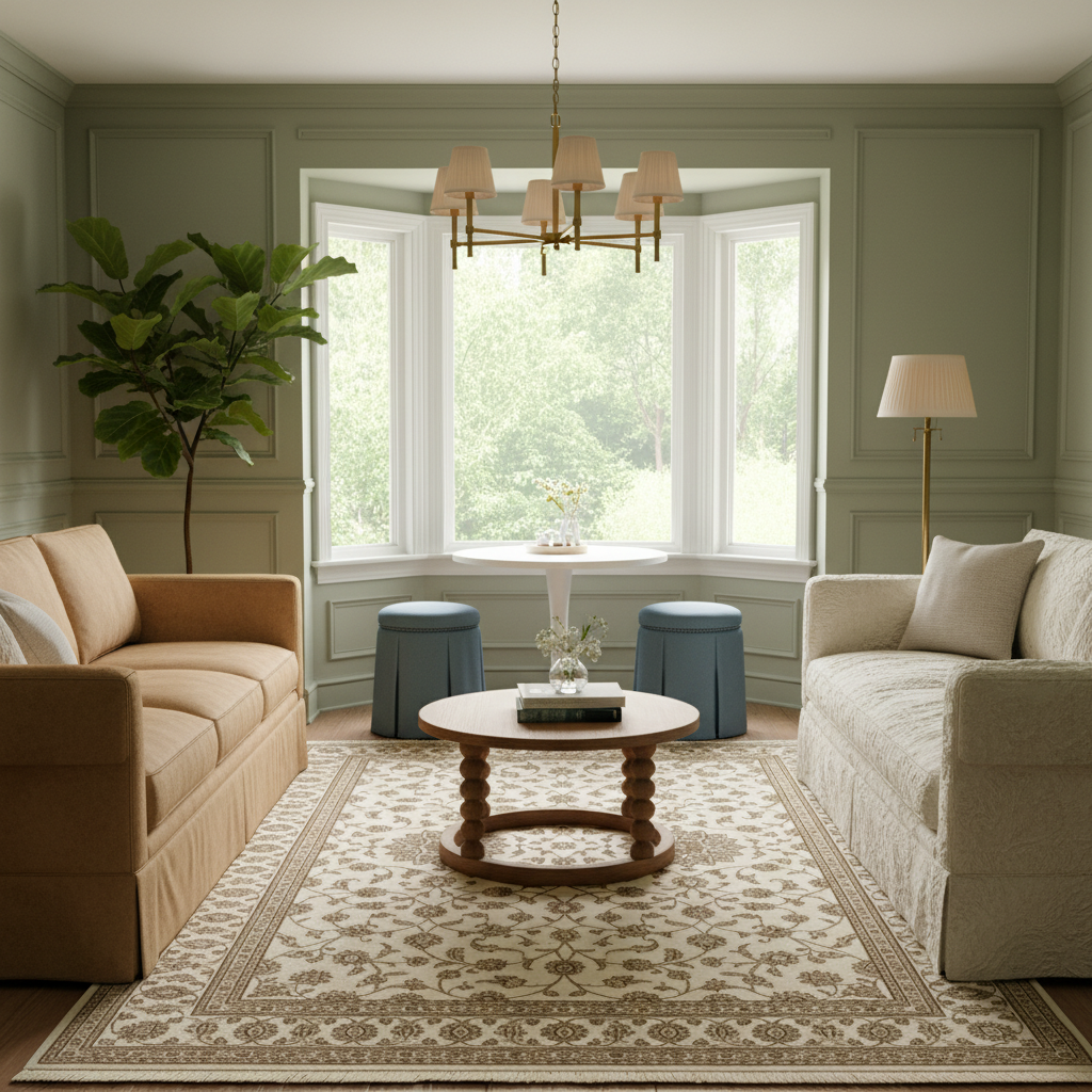 A beautifully styled living room featuring a large beige and brown patterned area rug, a round wooden coffee table, a tan slipcovered sofa on the left, and a cream bouclé sofa on the right, set against sage green paneled walls and a bay window.