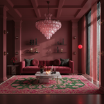 A luxurious living room with deep burgundy walls and a matching chaise lounge, featuring a large pink and green patterned area rug under a crystal chandelier.