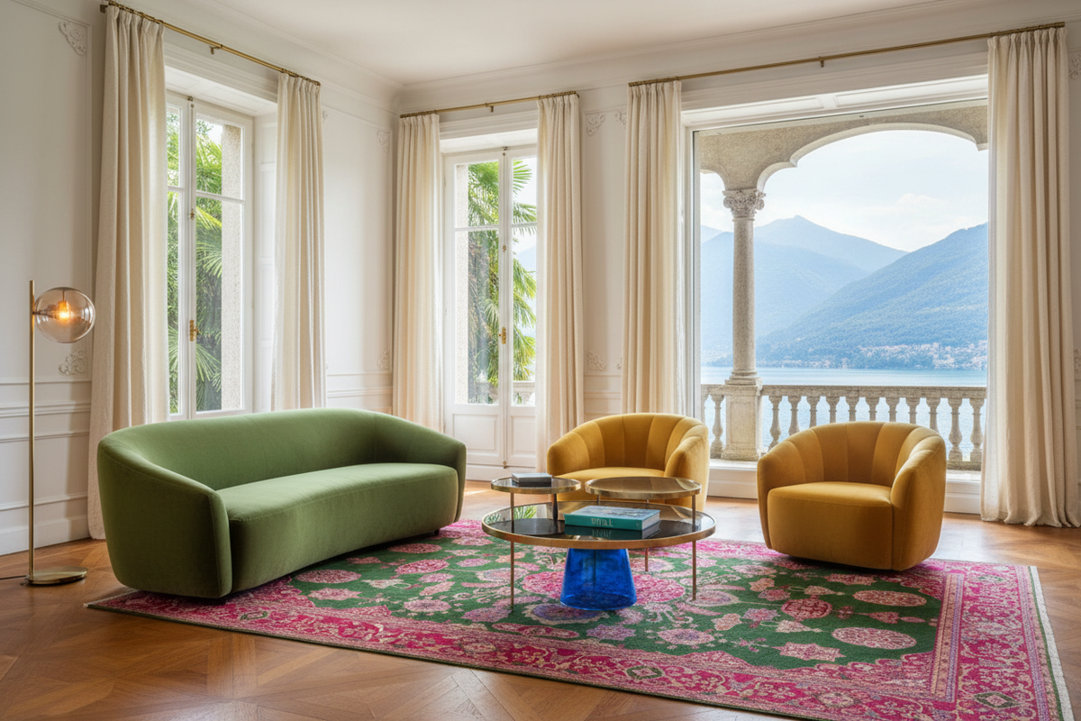 Modern living room with green sofa, yellow chairs, and a floral rug.