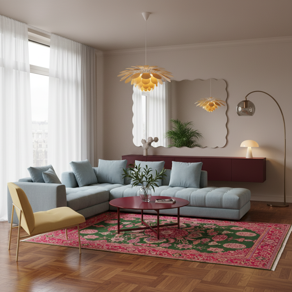 A styled living room featuring a light blue sectional sofa, a yellow accent chair, a red patterned area rug, and a round wooden coffee table. The room is decorated with a large wall mirror, a dark red sideboard, and a glowing yellow flower-shaped pendant light.