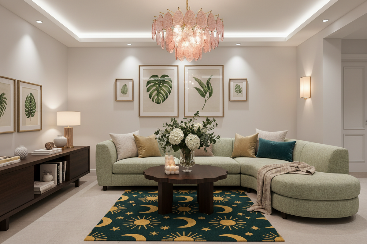 A modern living room featuring a light sage green sectional sofa with matching accent pillows, a dark wood coffee table, a dark teal rug with a yellow sun and moon pattern, and a pink glass chandelier hanging from a white ceiling with recessed lighting.